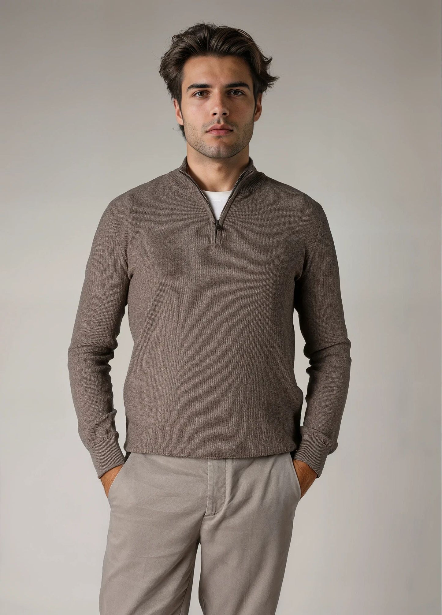 Jersey cuello zip punto de arroz visón