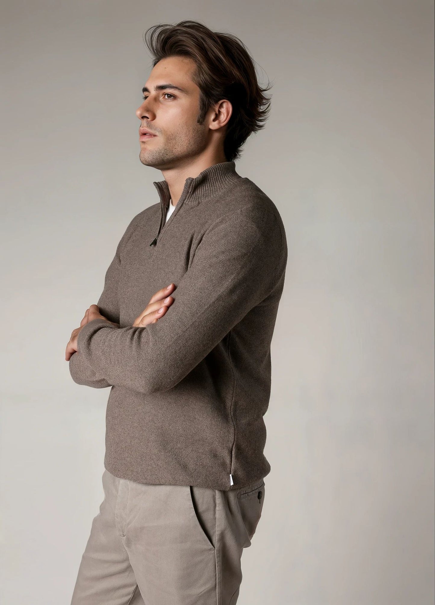 Jersey cuello zip punto de arroz visón