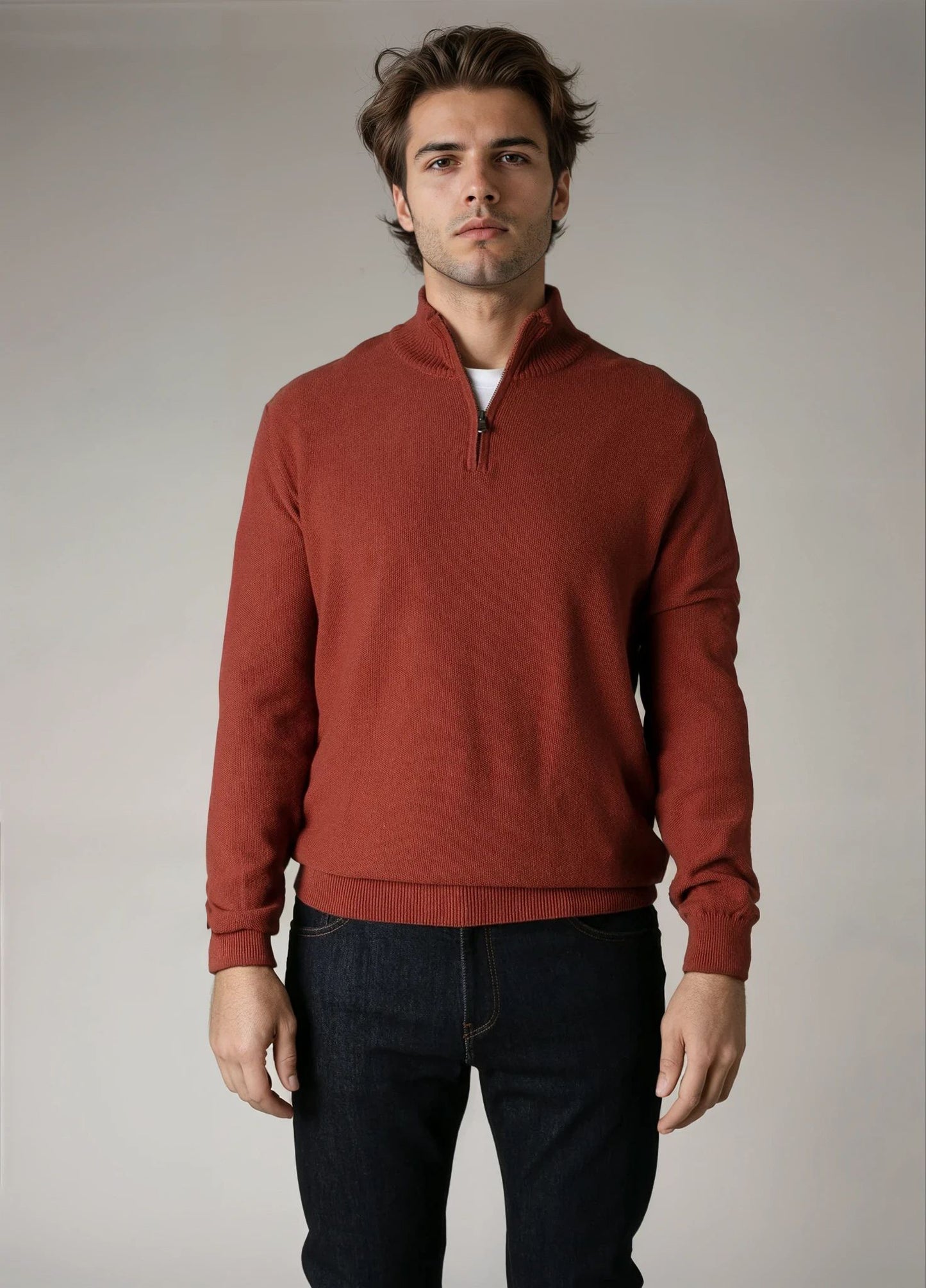 Jersey cuello zip punto de arroz teja