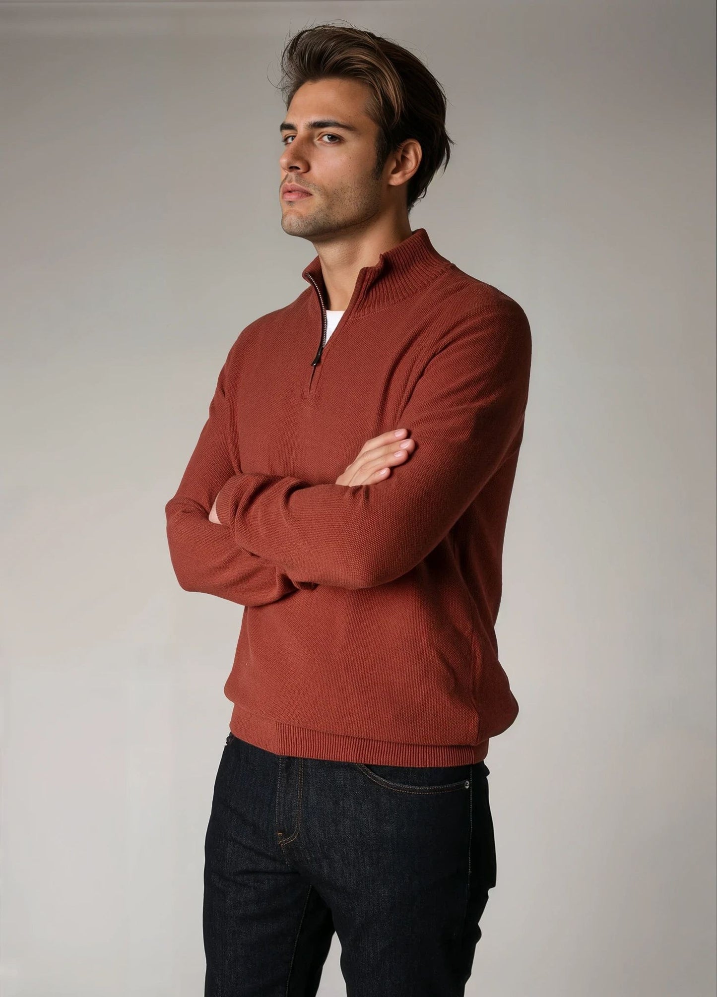 Jersey cuello zip punto de arroz teja