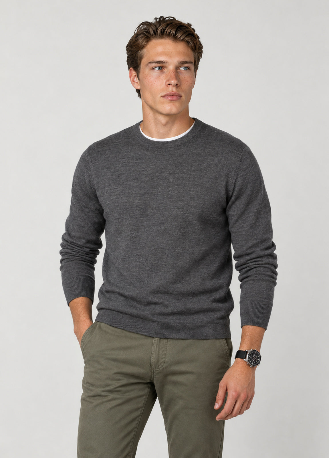 Jersey cuello redondo lana merino gris oscuro