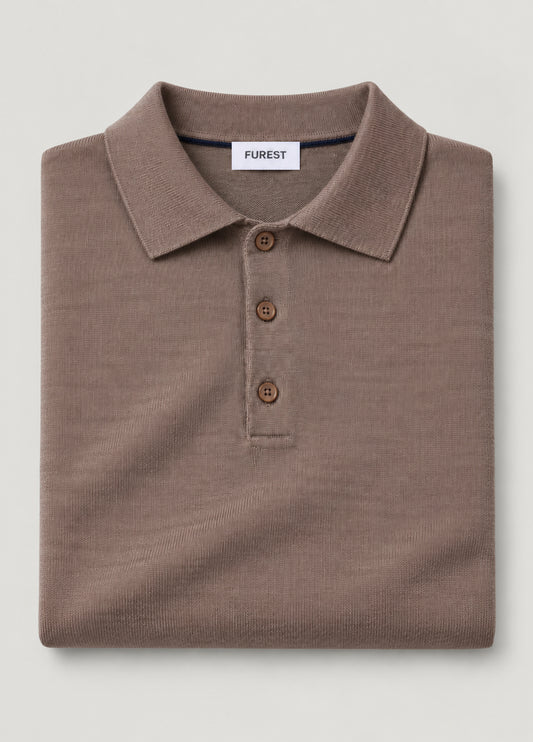 Jersey cuello polo lana merino marron topo
