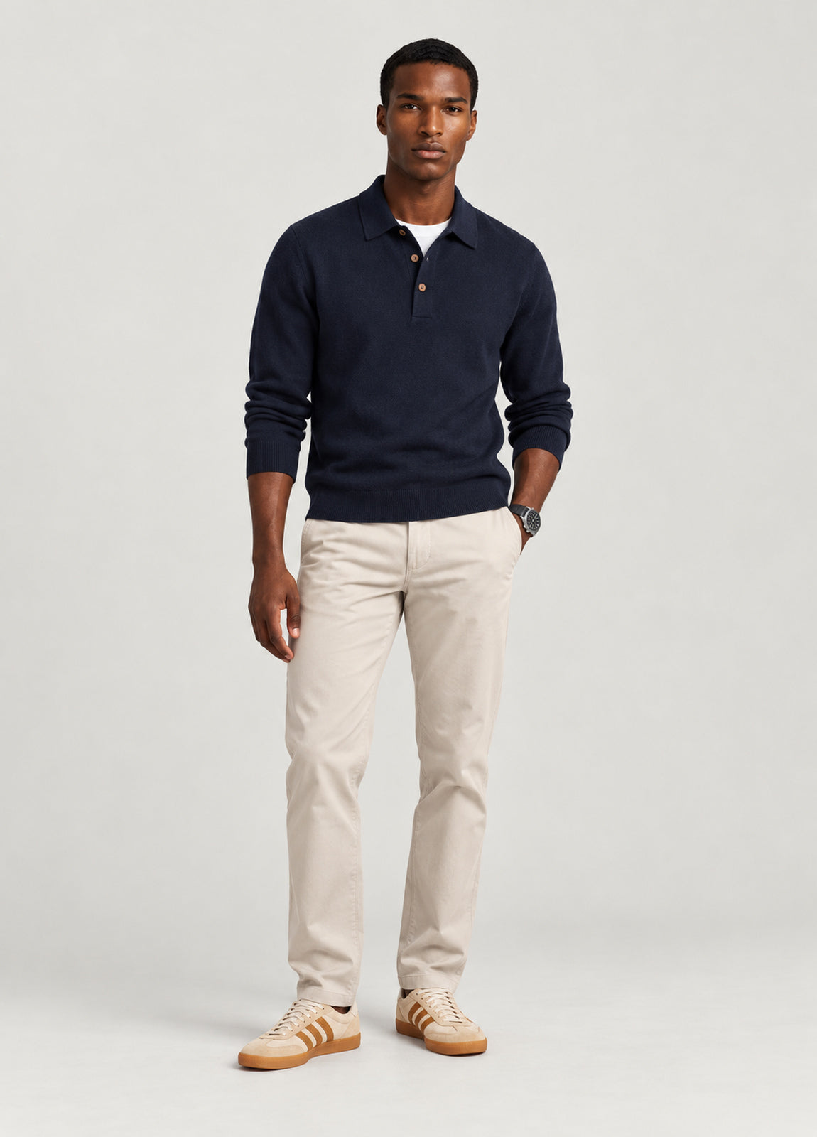Jersey cuello polo lana merino azul marino