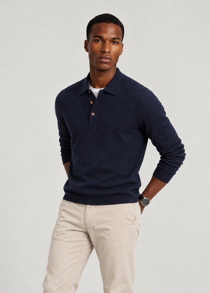Jersey cuello polo lana merino azul marino