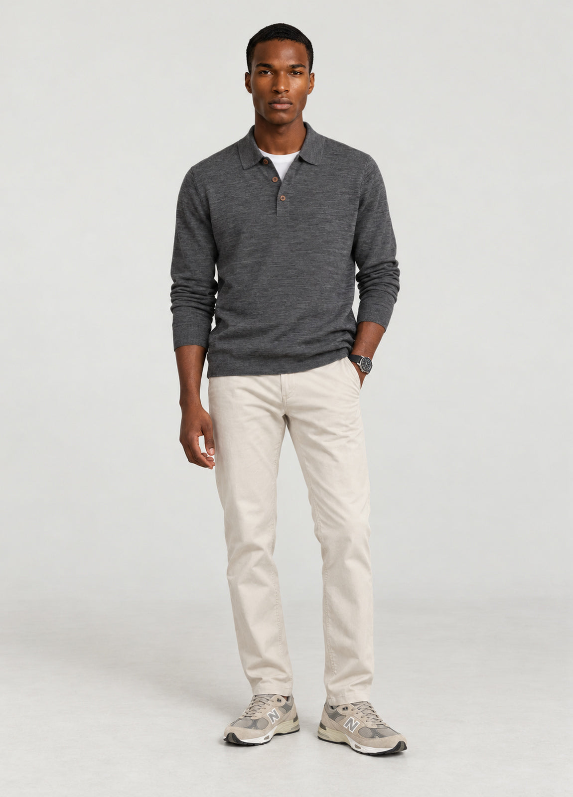 Jersey cuello polo lana merino gris oscuro