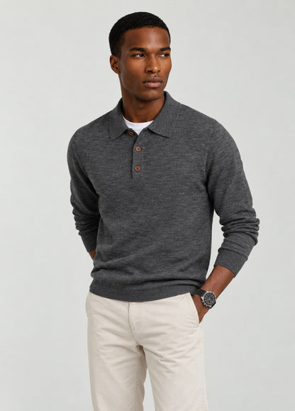 Jersey cuello polo lana merino gris oscuro