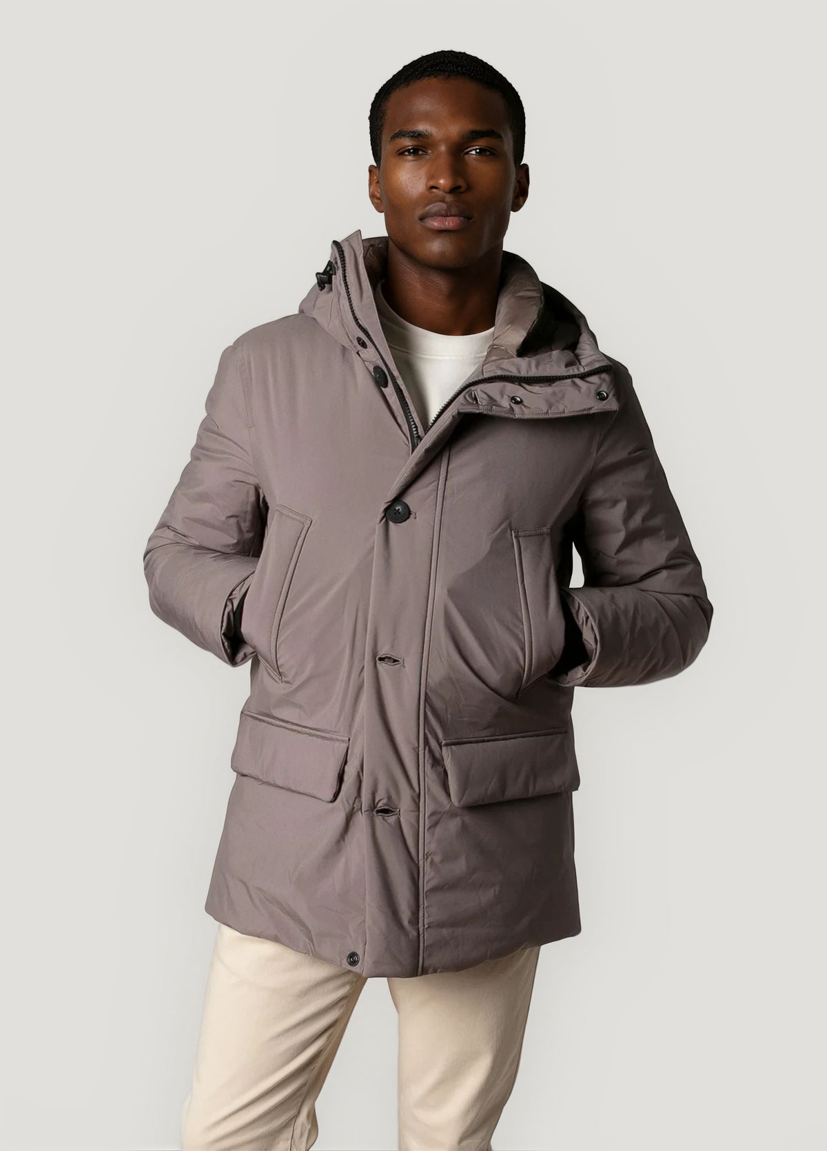 Navy blue technical parka with hood