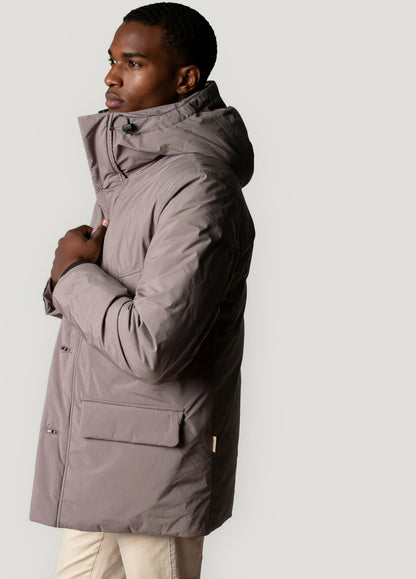 Navy blue technical parka with hood