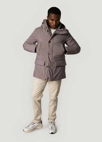 Navy blue technical parka with hood
