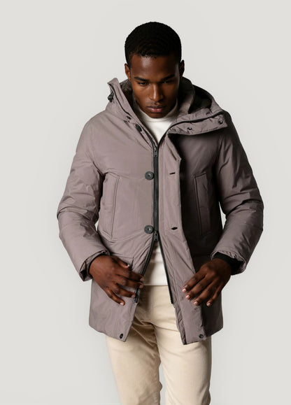 Navy blue technical parka with hood