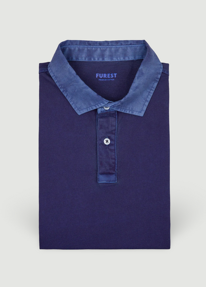 Garment-dyed navy long-sleeved polo shirt
