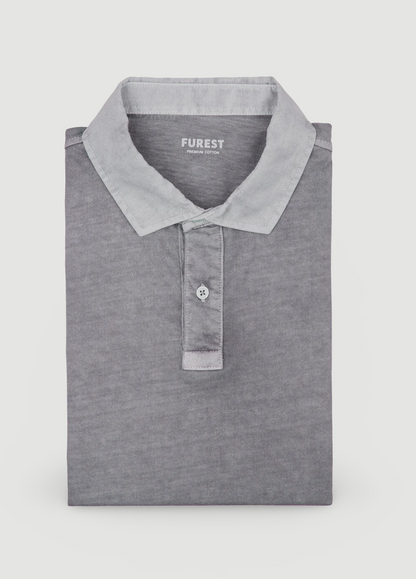 Anthracite garment-dyed long-sleeved polo shirt