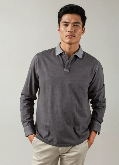 Anthracite garment-dyed long-sleeved polo shirt