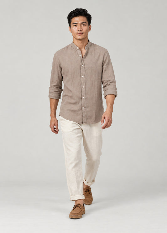Camisa mao lino y algodón marrón