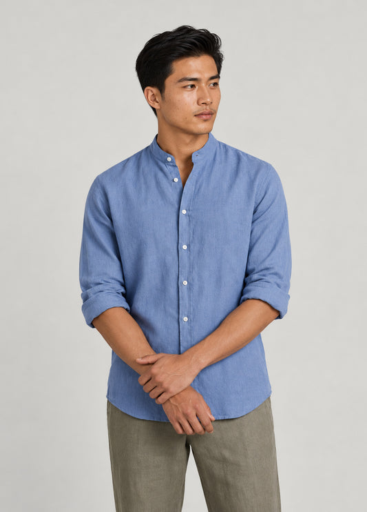 Camisa mao lino y algodón azul
