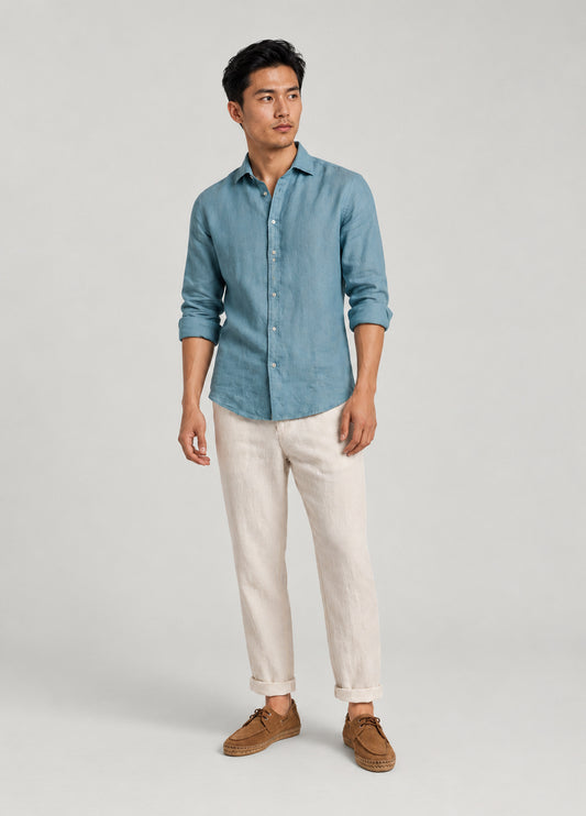 Camisa polera lino y algodón petróleo
