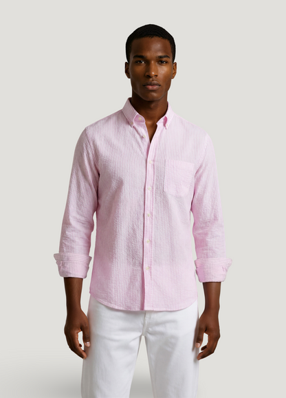 Pink striped seersucker shirt