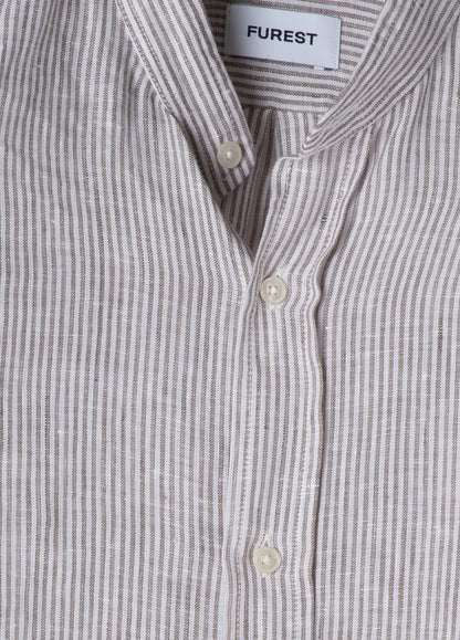 Striped brown linen mandarin collar shirt