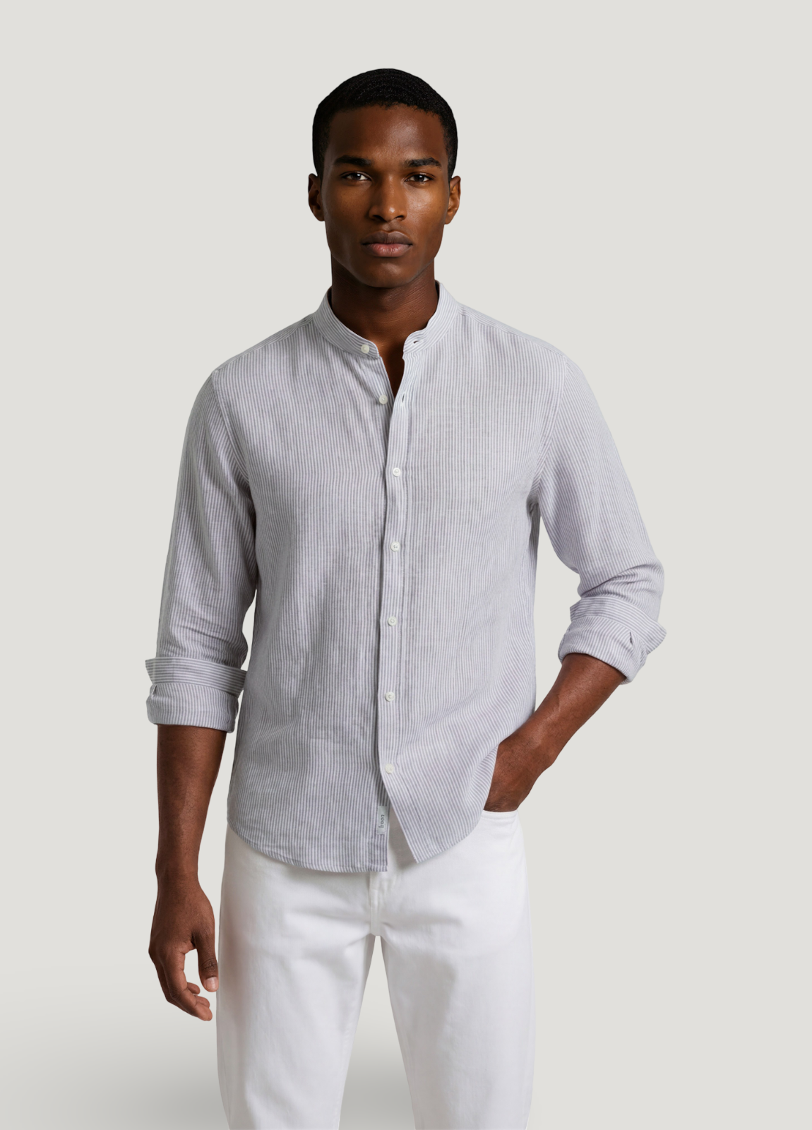 Striped brown linen mandarin collar shirt