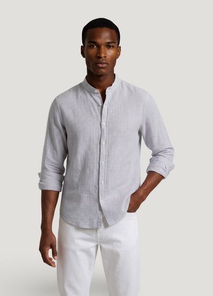 Striped brown linen mandarin collar shirt