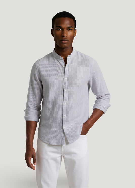 Striped brown linen mandarin collar shirt