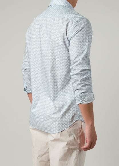 Sky blue geometric print casual shirt.