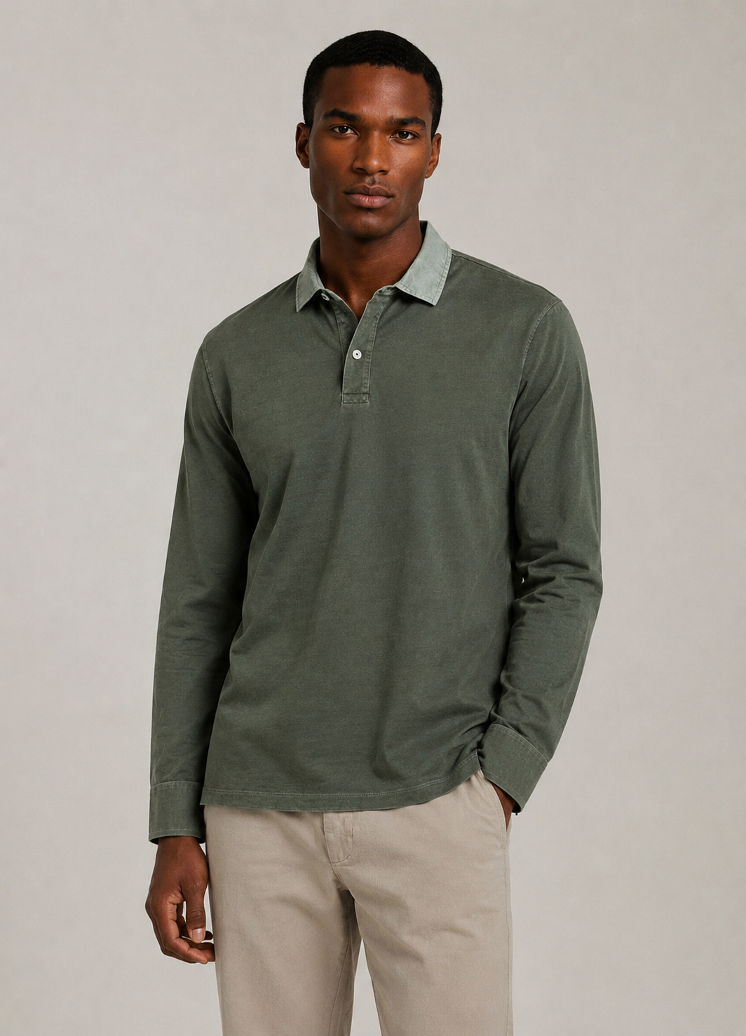 Long-sleeved garment-dyed khaki polo shirt