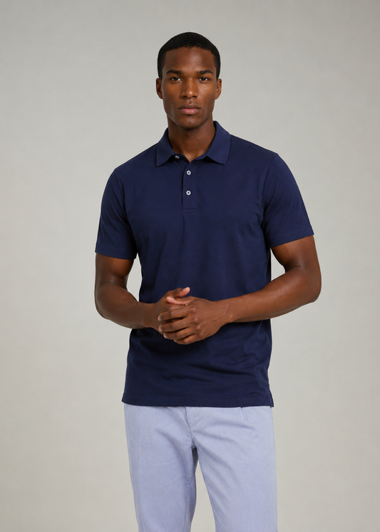 Navy slub short-sleeved polo shirt