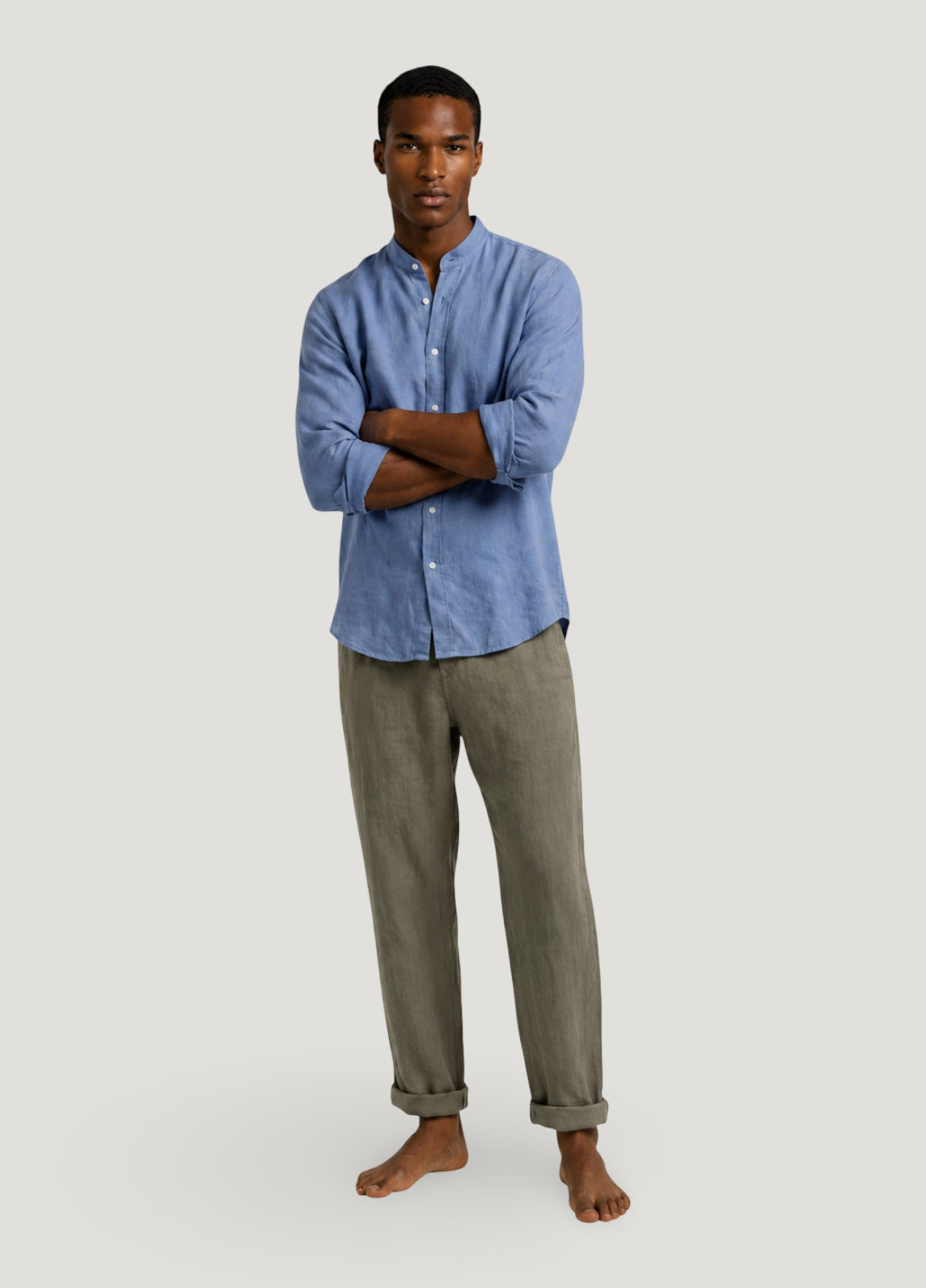 Linen and cotton mandarin collar shirt in blue