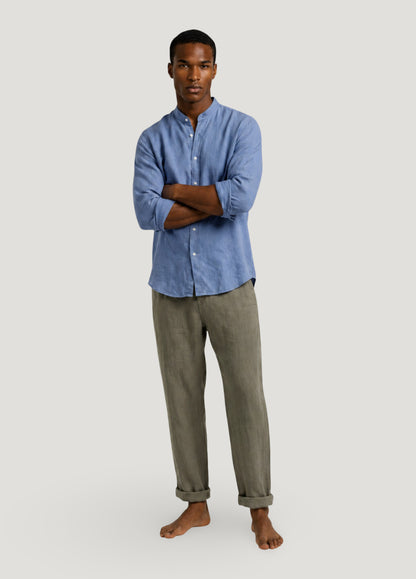 Linen and cotton mandarin collar shirt in blue