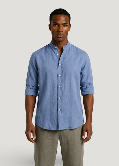 Linen and cotton mandarin collar shirt in blue