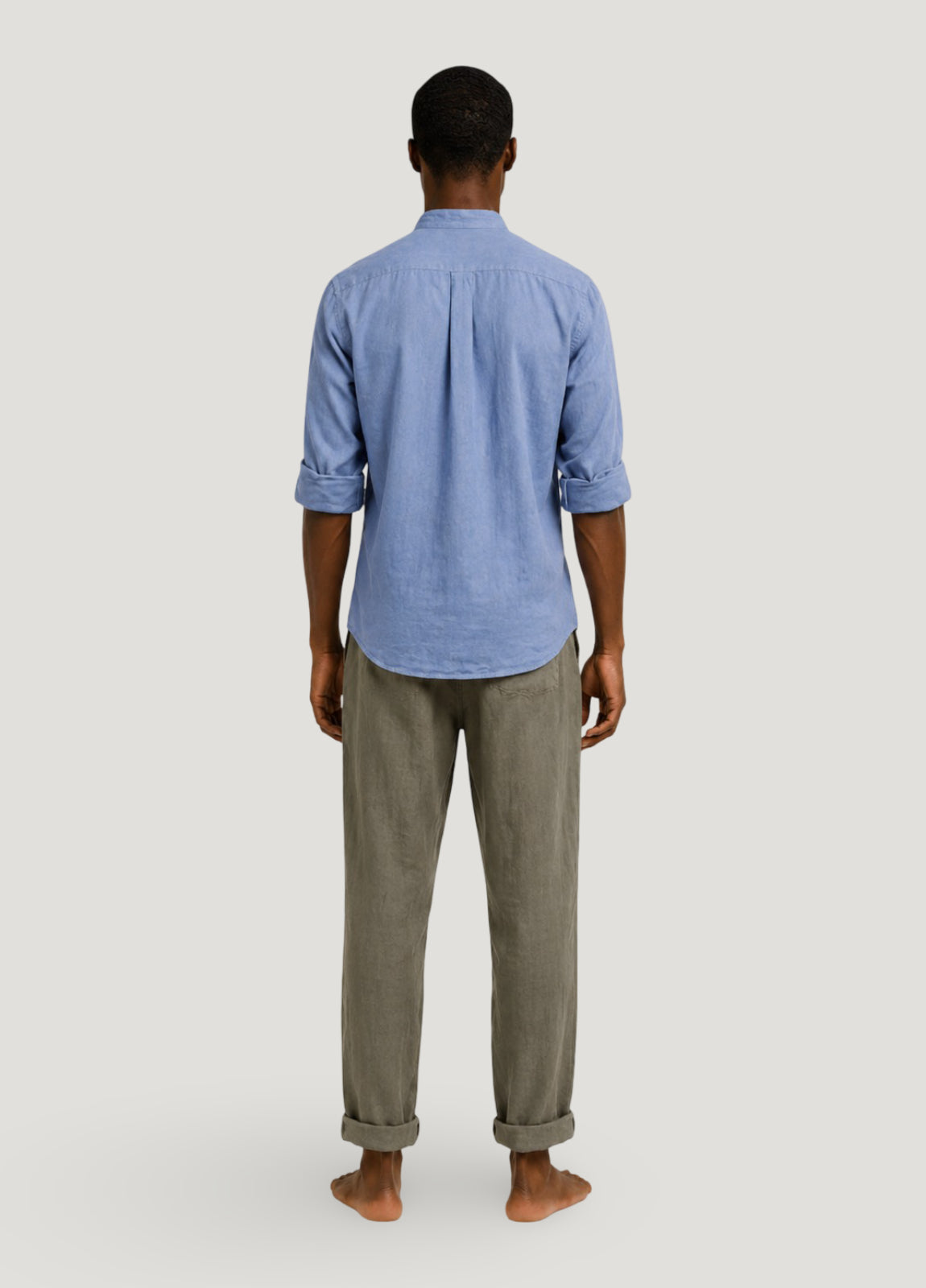 Linen and cotton mandarin collar shirt in blue