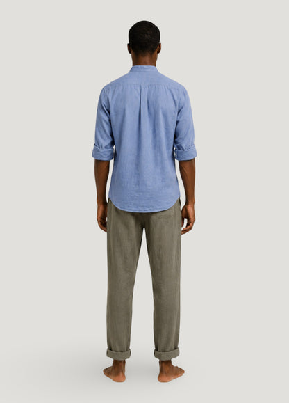 Linen and cotton mandarin collar shirt in blue