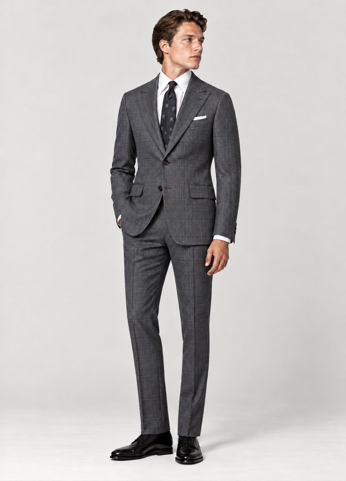 Traje Oxford Tailored Fit 2 botones gris cuadro ventana azul