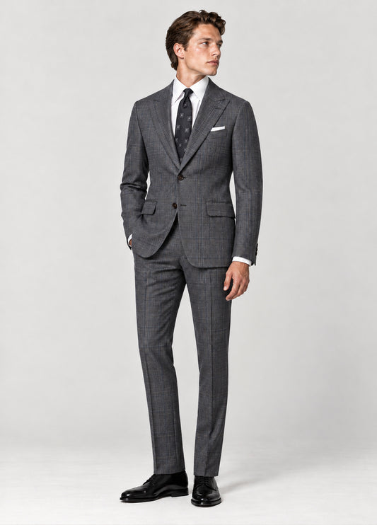 Traje Oxford Tailored Fit 2 botones gris cuadro ventana azul a medida