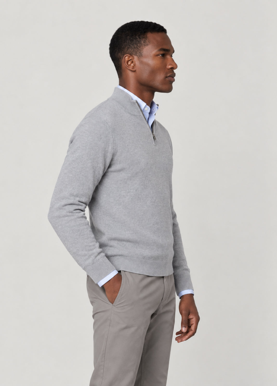 Jersey cuello zip punto de arroz gris perla