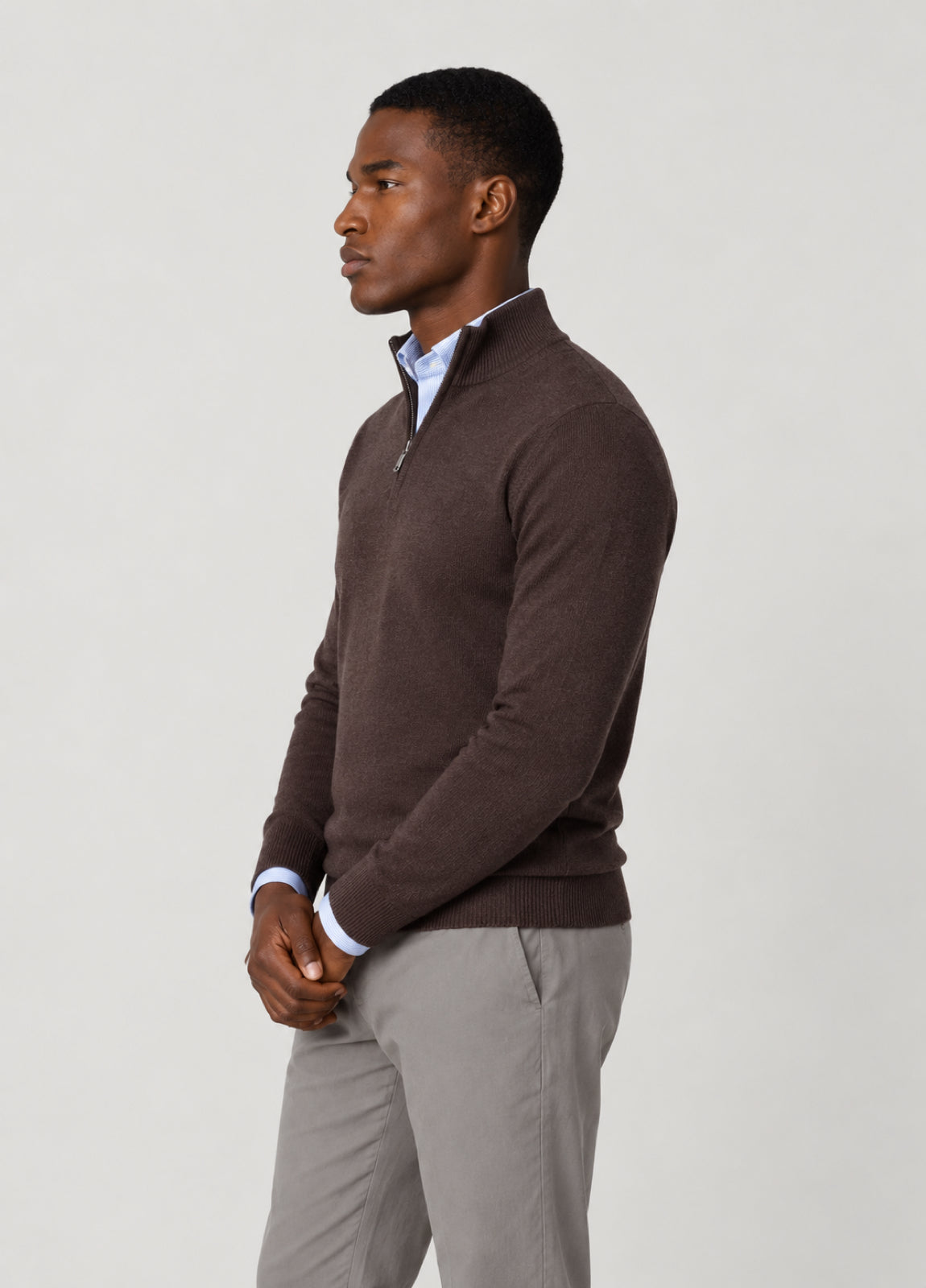 Jersey cuello zip punto de arroz marron