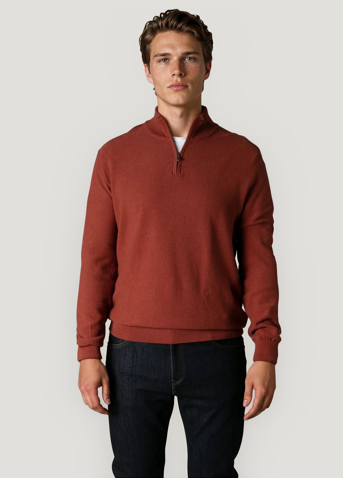 Jersey cuello zip punto de arroz teja