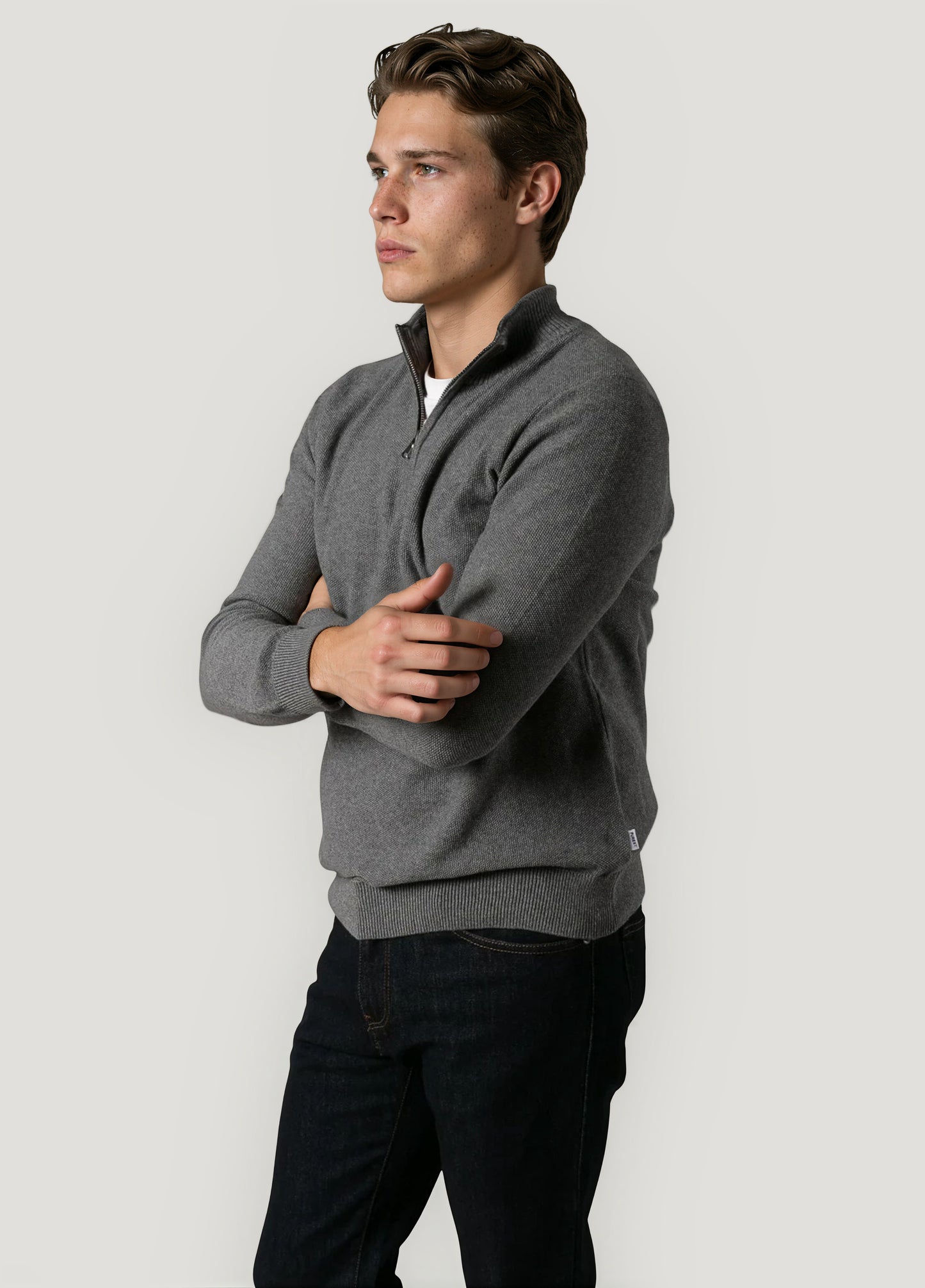 Mid-grey half-zip rice stitch jumper