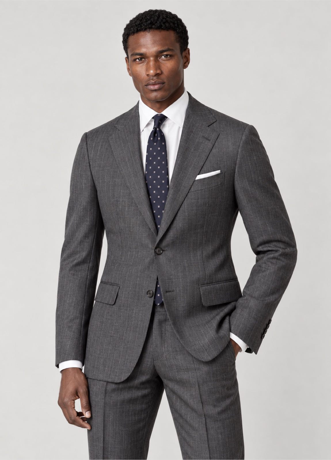 Traje Oxford Tailored Fit 2 botones gris raya diplomática a medida