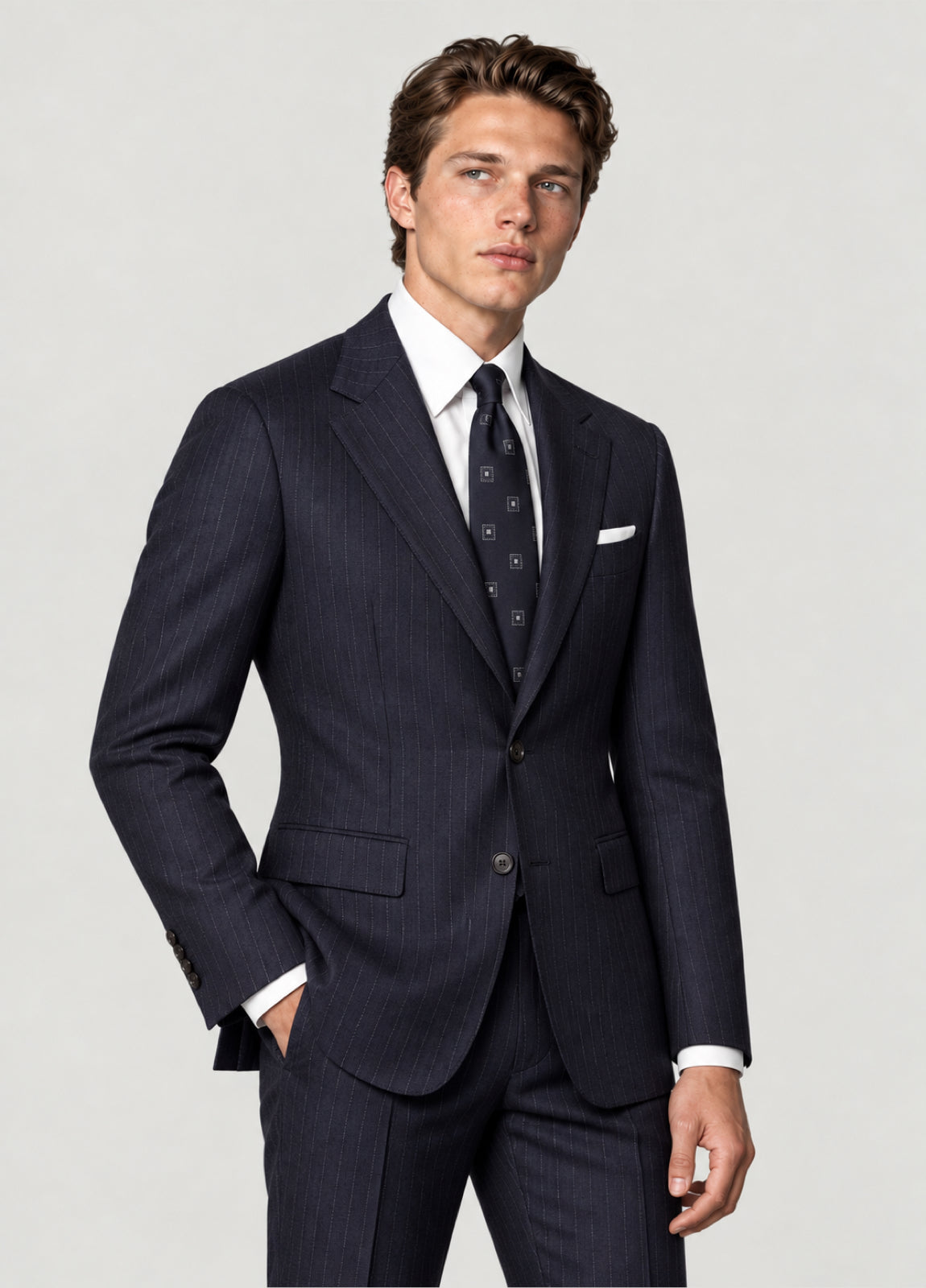 Traje Oxford Tailored Fit 2 botones marino raya diplomática a medida