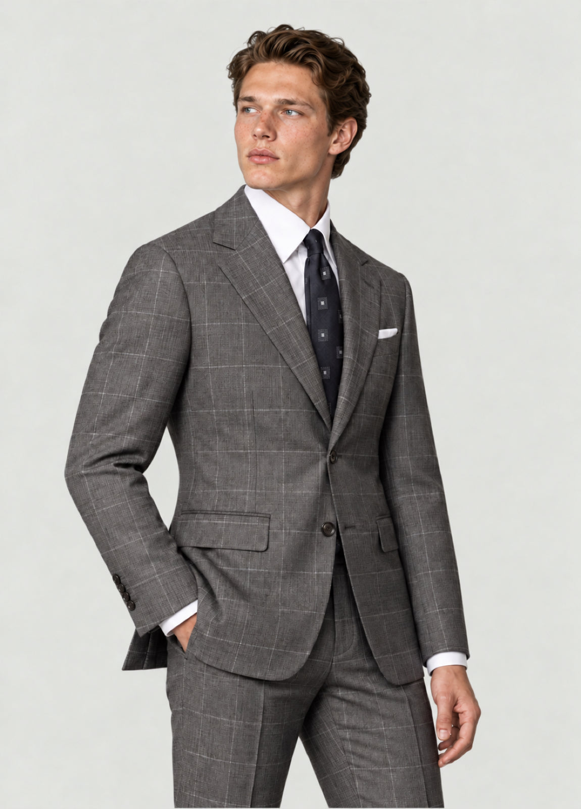 Traje Oxford Tailored Fit 2 botones gris cuadro ventana a medida