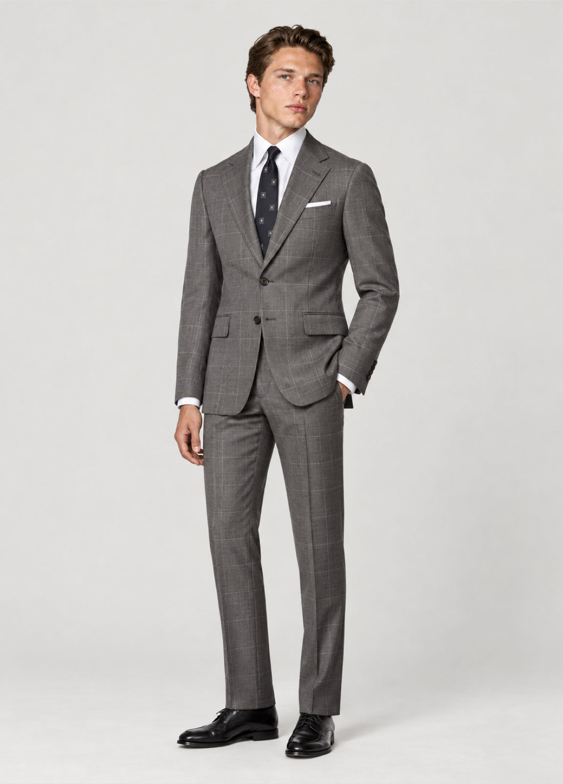 Traje Oxford Tailored Fit 2 botones gris cuadro ventana a medida