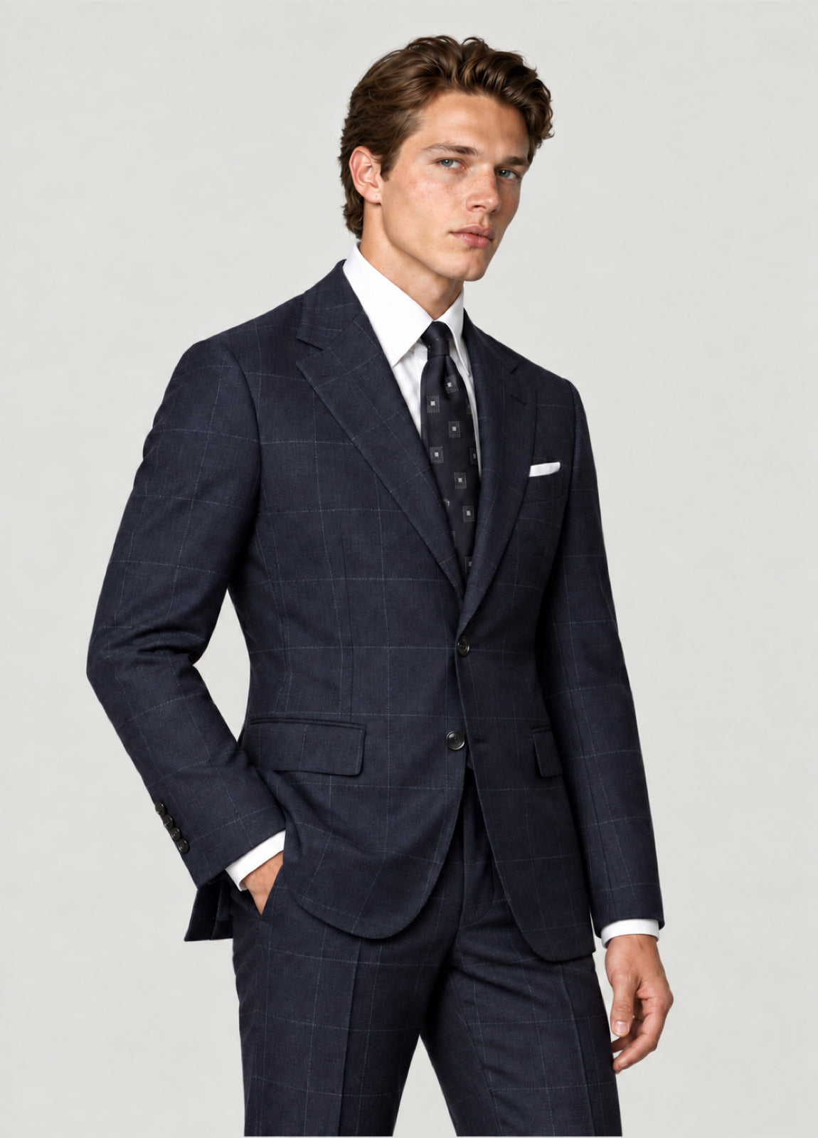 Traje Oxford Tailored Fit 2 botones marino cuadro ventana blanco a medida