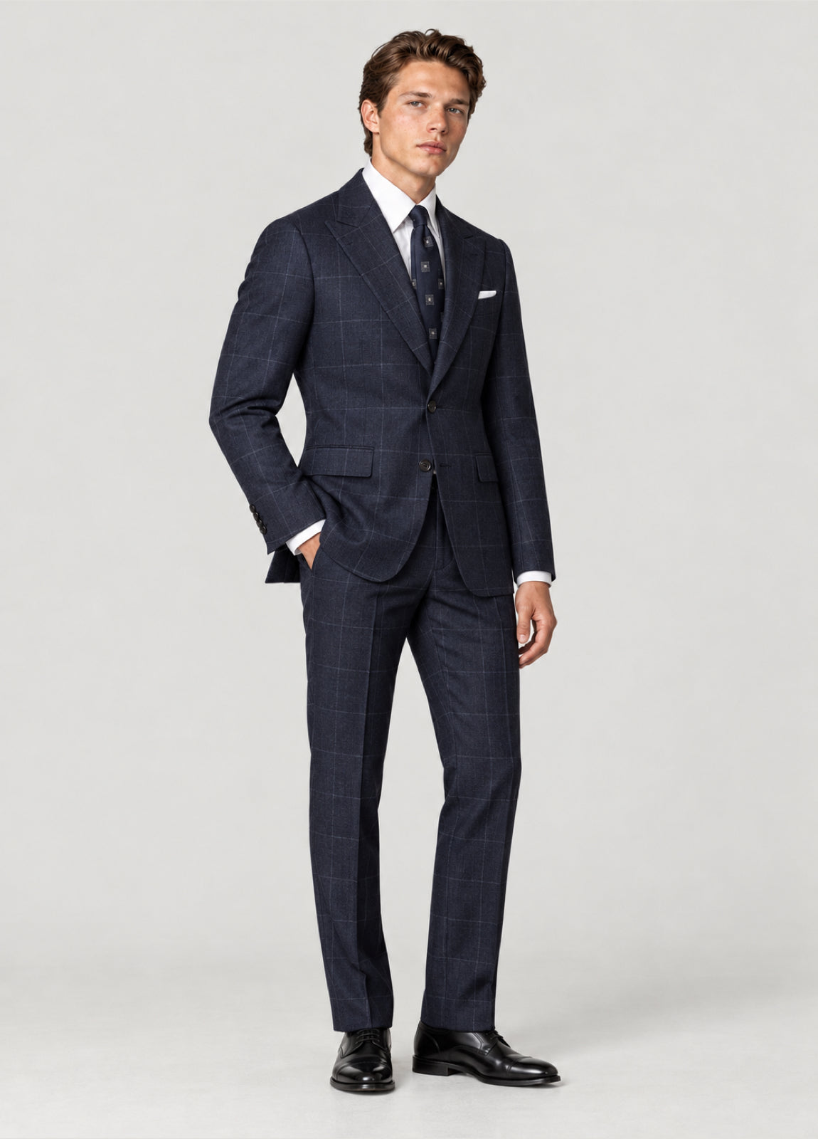 Traje Oxford Tailored Fit 2 botones marino cuadro ventana blanco a medida