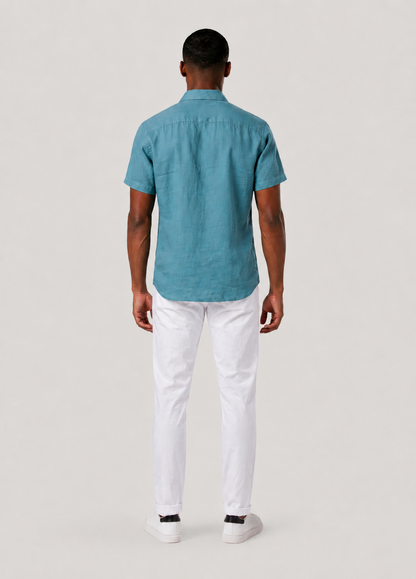 Green linen short-sleeved shirt
