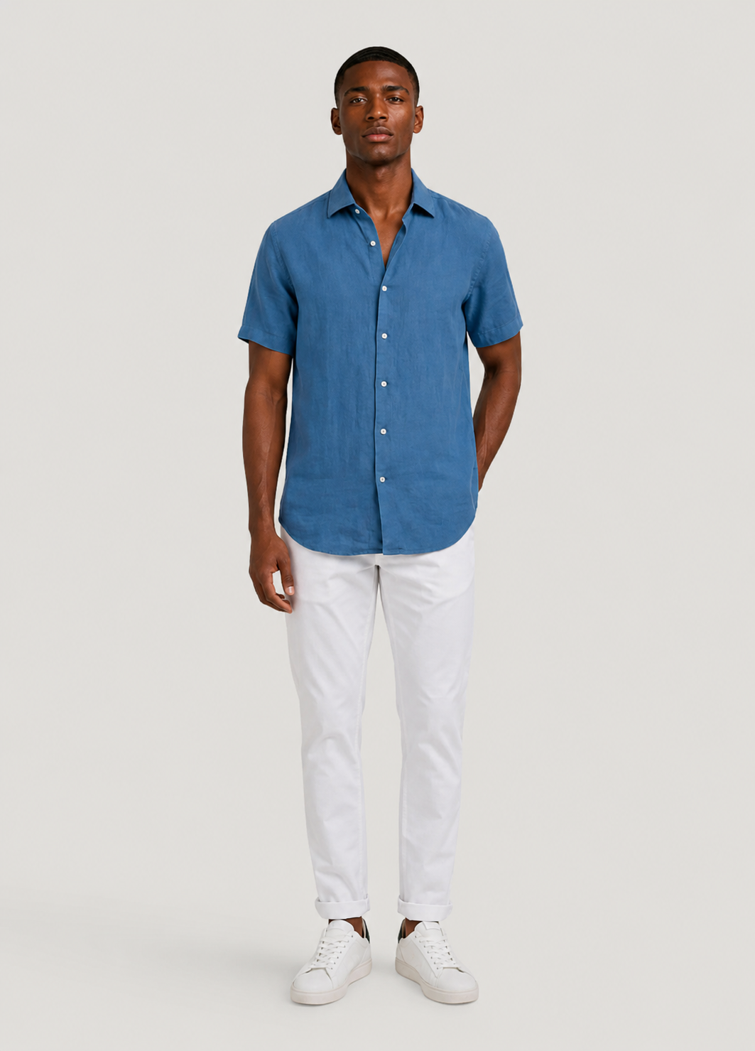 Camisa manga corta lino azul
