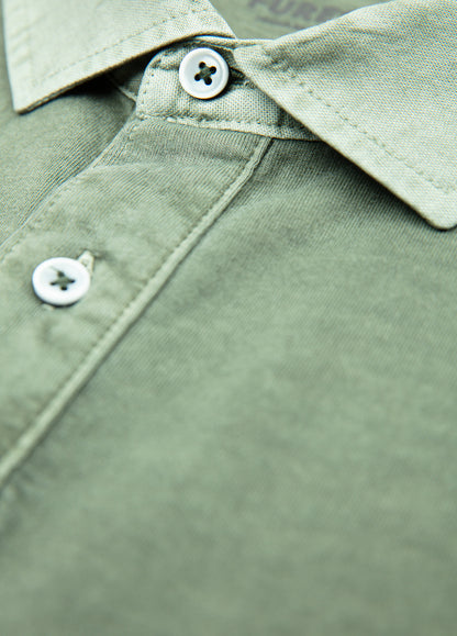 Long-sleeved garment-dyed khaki polo shirt