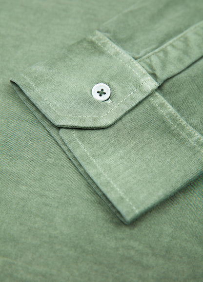 Long-sleeved garment-dyed khaki polo shirt