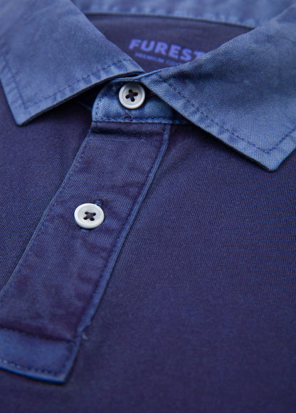 Garment-dyed navy long-sleeved polo shirt